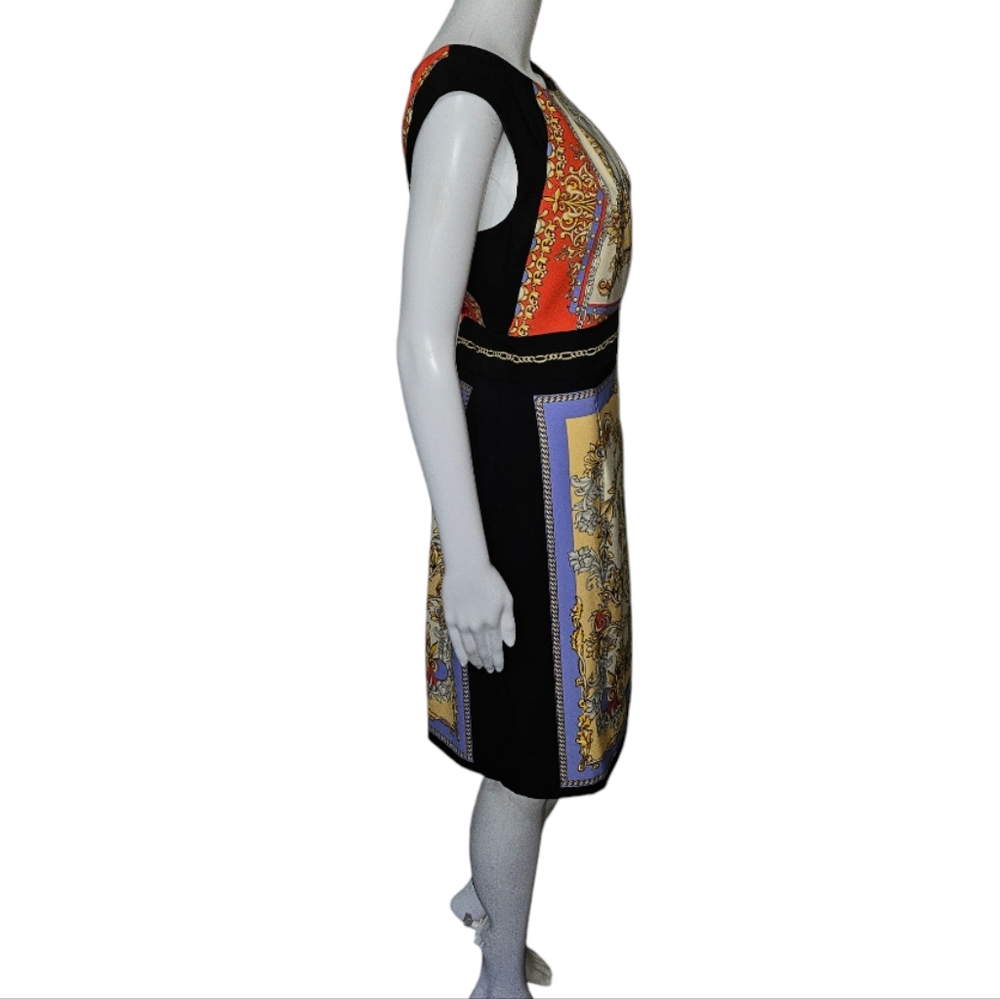 Maggy London Baroque Scarf Print Illusion Sheath Dress – Ornate Gold & Blue Sz10 - Picture 4 of 9